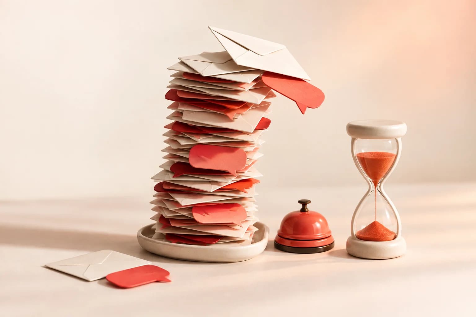 A leaning tower of envelopes and message cards beside a service bell and an hourglass running down